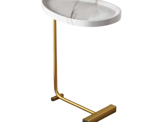 24" White and Gold Faux Marble and Metal Oval End Table