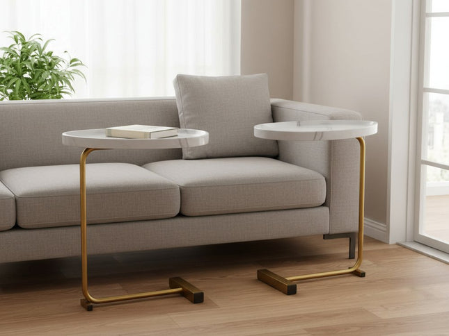 24" White and Gold Faux Marble and Metal Oval End Table