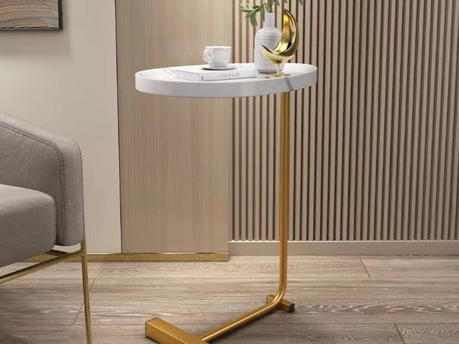 24" White and Gold Faux Marble and Metal Oval End Table