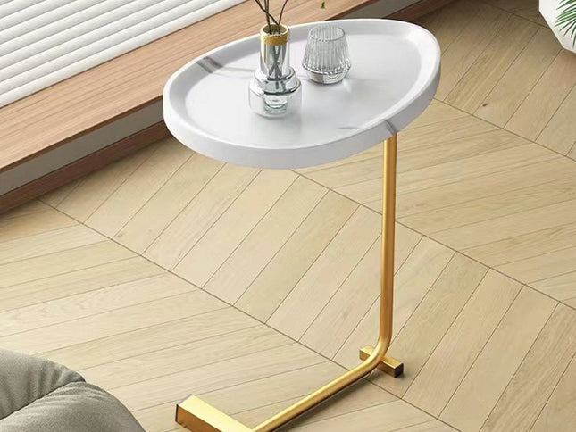 24" White and Gold Faux Marble and Metal Oval End Table