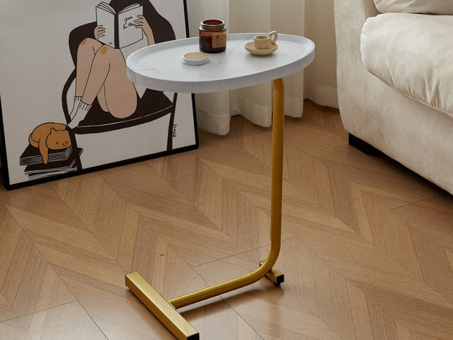 24" White and Gold Faux Marble and Metal Oval End Table