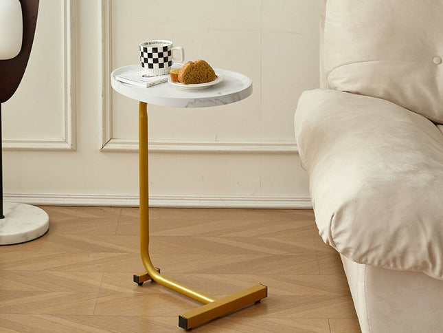 24" White and Gold Faux Marble and Metal Oval End Table