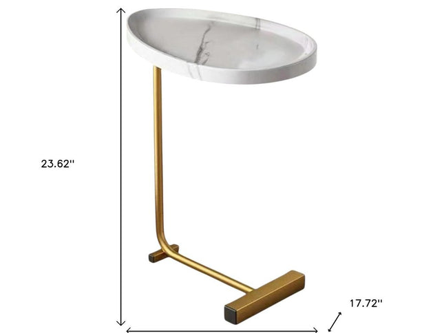 24" White and Gold Faux Marble and Metal Oval End Table