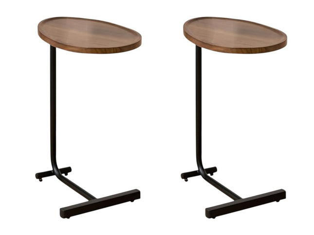 Set of Two Brown and Black Wood and Metal Oval End Tables