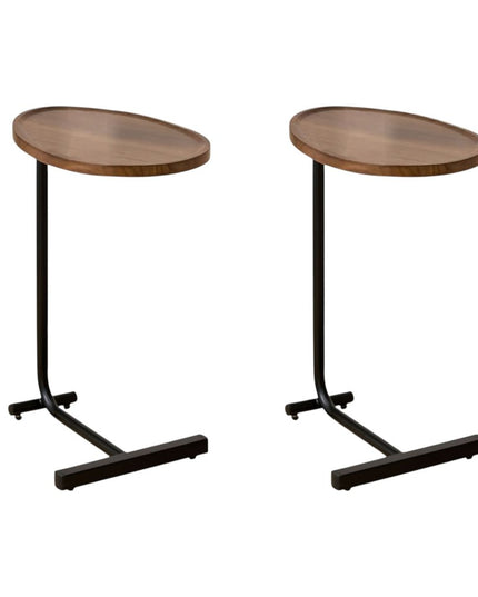 Set of Two Brown and Black Wood and Metal Oval End Tables