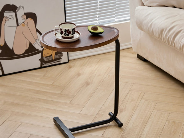 Set of Two Brown and Black Wood and Metal Oval End Tables