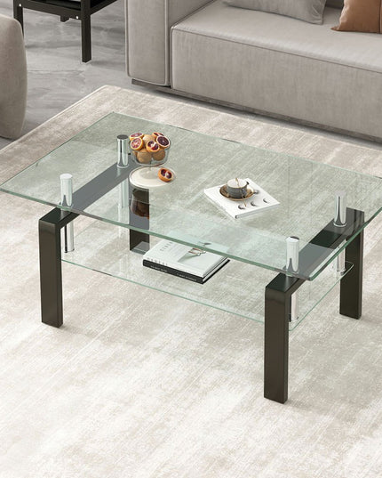 39" Clear and Black Glass and Steel Coffee Table With Shelf