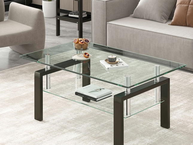 39" Clear and Black Glass and Steel Coffee Table With Shelf