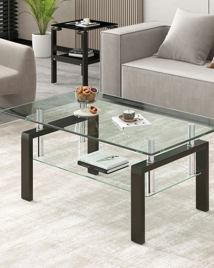 39" Clear and Black Glass and Steel Coffee Table With Shelf
