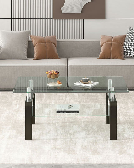 39" Clear and Black Glass and Steel Coffee Table With Shelf