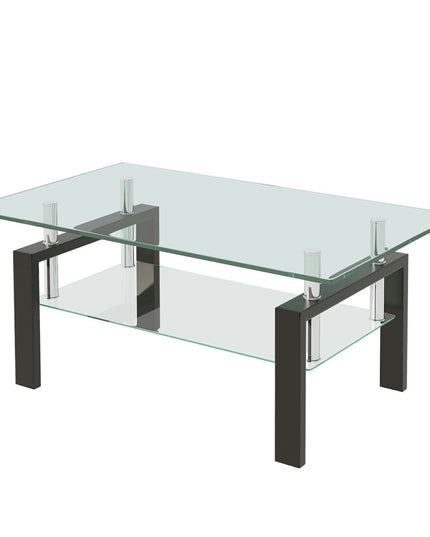39" Clear and Black Glass and Steel Coffee Table With Shelf