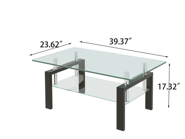 39" Clear and Black Glass and Steel Coffee Table With Shelf