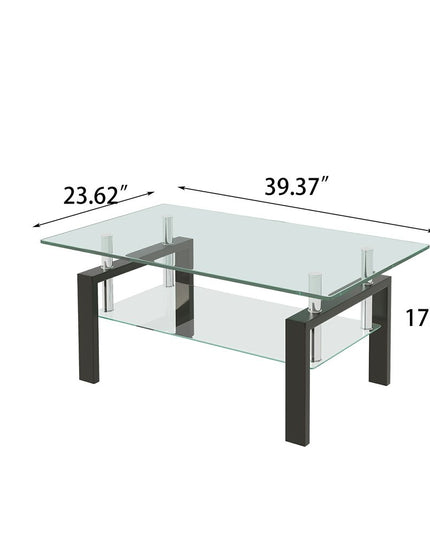 39" Clear and Black Glass and Steel Coffee Table With Shelf