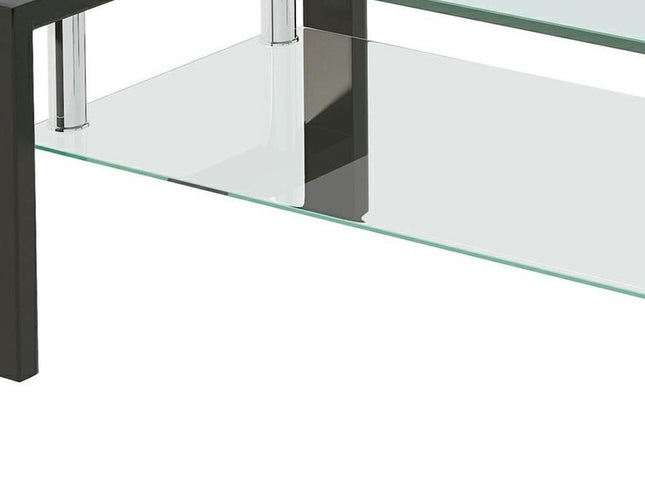 39" Clear and Black Glass and Steel Coffee Table With Shelf