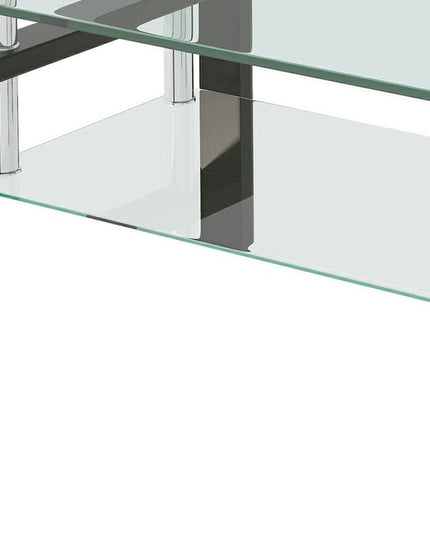 39" Clear and Black Glass and Steel Coffee Table With Shelf
