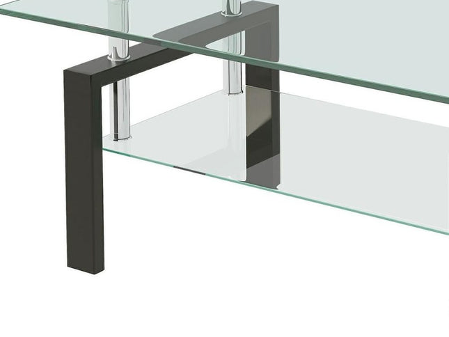 39" Clear and Black Glass and Steel Coffee Table With Shelf
