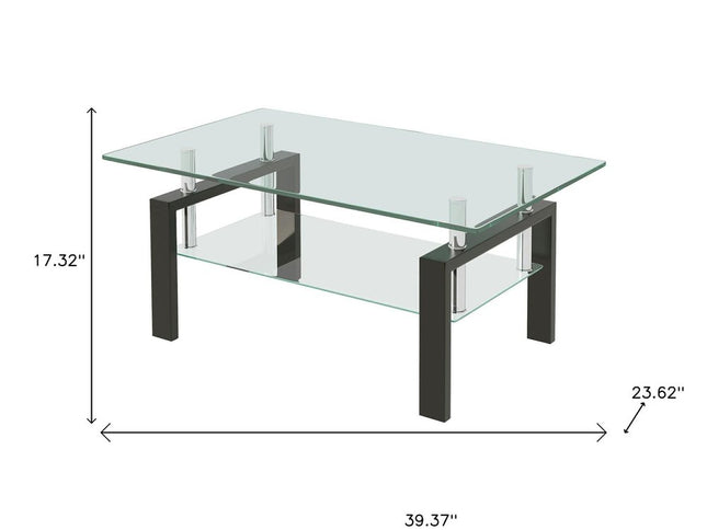 39" Clear and Black Glass and Steel Coffee Table With Shelf