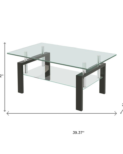 39" Clear and Black Glass and Steel Coffee Table With Shelf