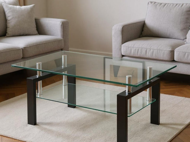 39" Clear and Black Glass and Steel Coffee Table With Shelf