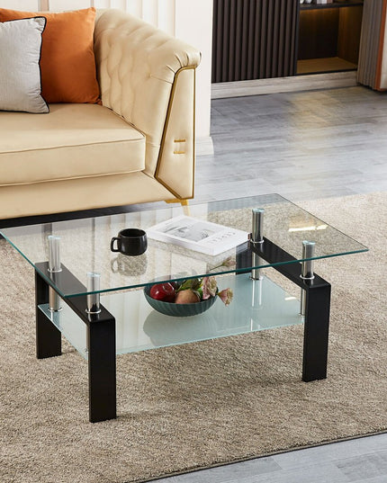 39" Clear and Black Glass and Steel Coffee Table With Shelf