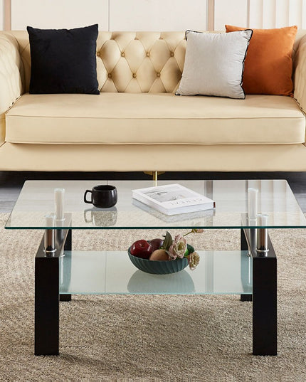 39" Clear and Black Glass and Steel Coffee Table With Shelf