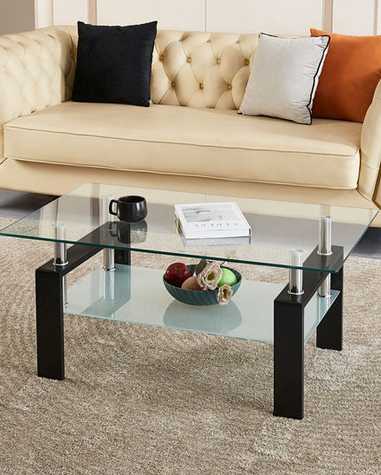 39" Clear and Black Glass and Steel Coffee Table With Shelf