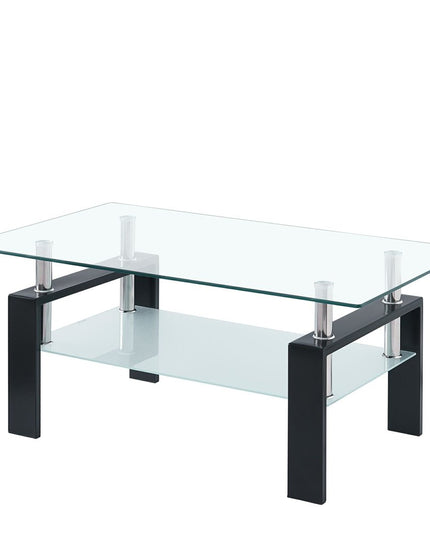 39" Clear and Black Glass and Steel Coffee Table With Shelf