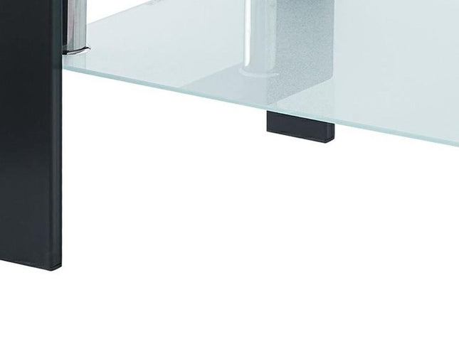 39" Clear and Black Glass and Steel Coffee Table With Shelf