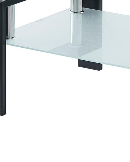 39" Clear and Black Glass and Steel Coffee Table With Shelf