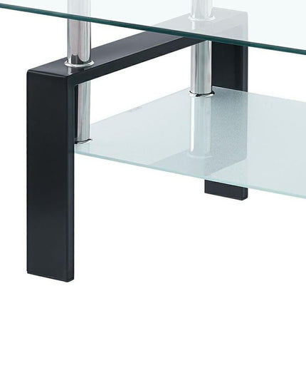 39" Clear and Black Glass and Steel Coffee Table With Shelf