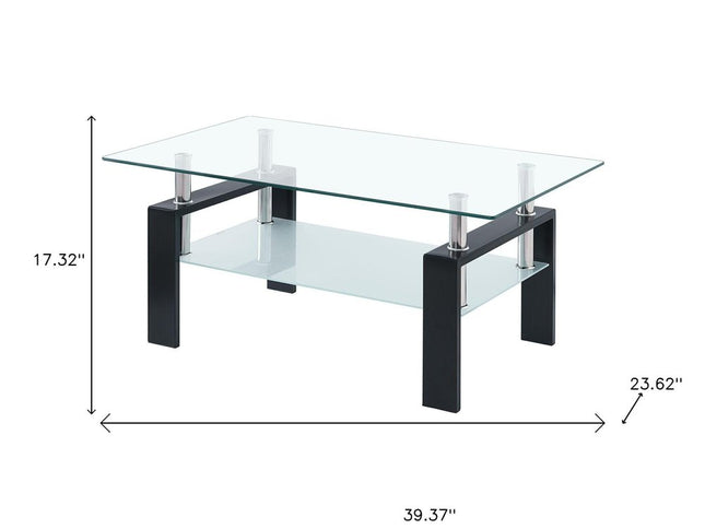 39" Clear and Black Glass and Steel Coffee Table With Shelf