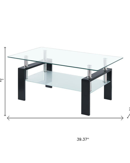 39" Clear and Black Glass and Steel Coffee Table With Shelf