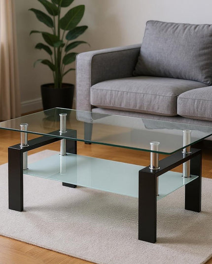 39" Clear and Black Glass and Steel Coffee Table With Shelf
