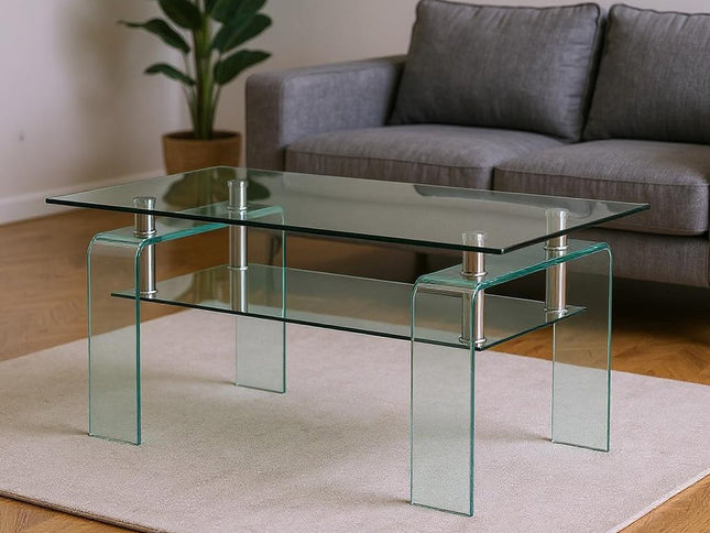39" Clear Glass Coffee Table With Shelf