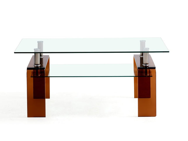 39" Clear and Brown Glass Coffee Table With Shelf