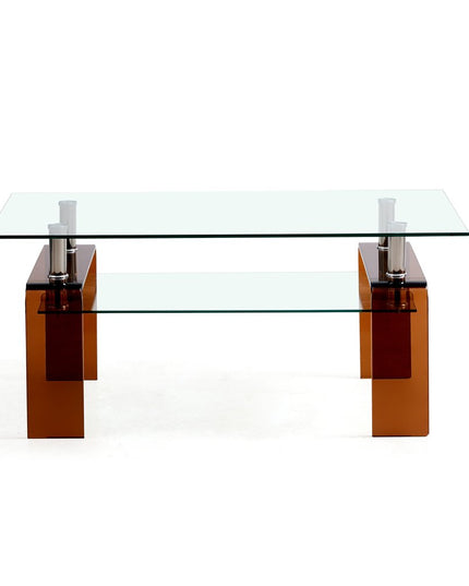 39" Clear and Brown Glass Coffee Table With Shelf