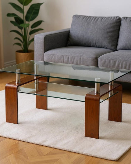 39" Clear and Brown Glass Coffee Table With Shelf