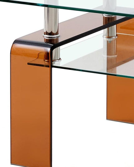 39" Clear and Brown Glass Coffee Table With Shelf