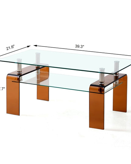 39" Clear and Brown Glass Coffee Table With Shelf