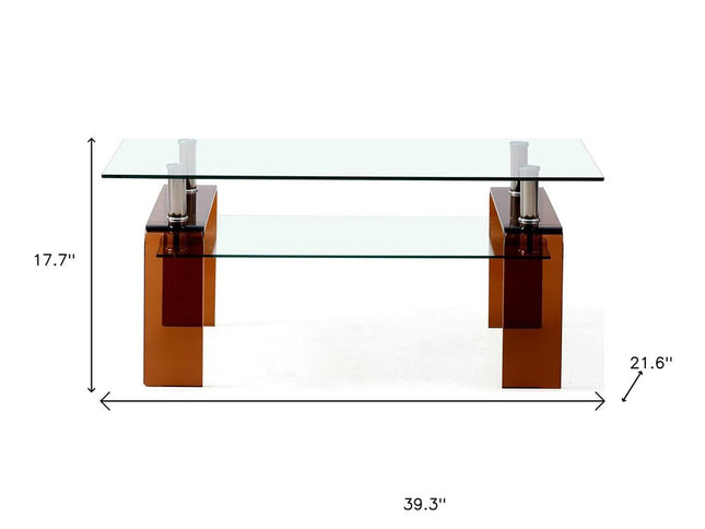 39" Clear and Brown Glass Coffee Table With Shelf