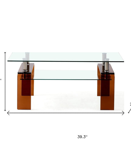 39" Clear and Brown Glass Coffee Table With Shelf