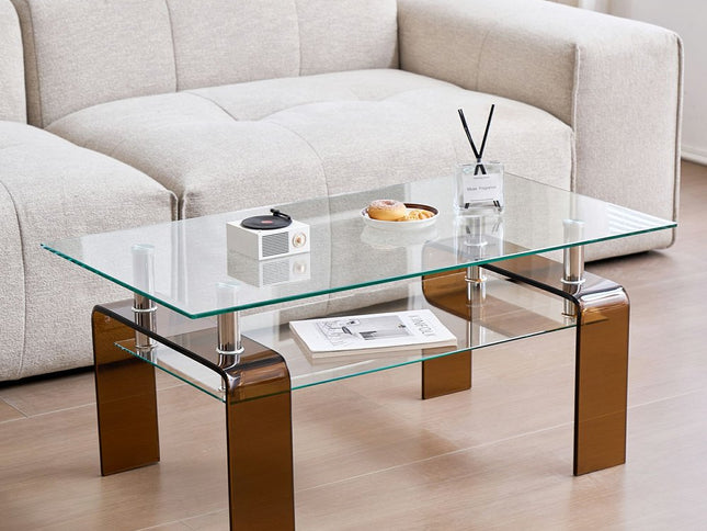 39" Clear and Brown Glass Coffee Table With Shelf