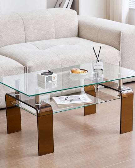 39" Clear and Brown Glass Coffee Table With Shelf