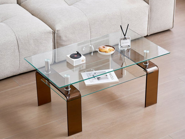 39" Clear and Brown Glass Coffee Table With Shelf