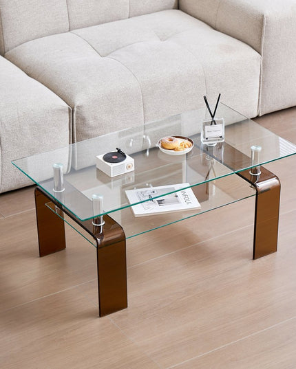 39" Clear and Brown Glass Coffee Table With Shelf