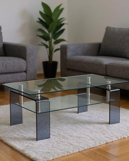 39" Clear and Black Glass Coffee Table With Shelf