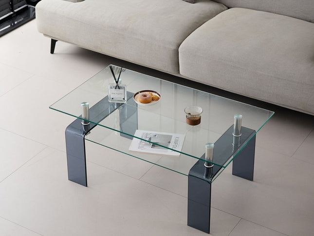 39" Clear and Black Glass Coffee Table With Shelf