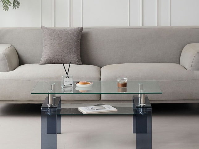 39" Clear and Black Glass Coffee Table With Shelf