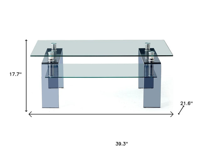39" Clear and Black Glass Coffee Table With Shelf