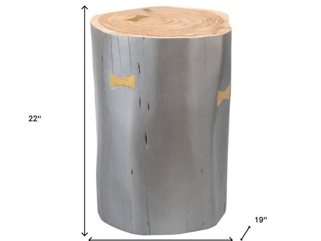 22" Gray Wood and Solid Wood Round Drum End Table